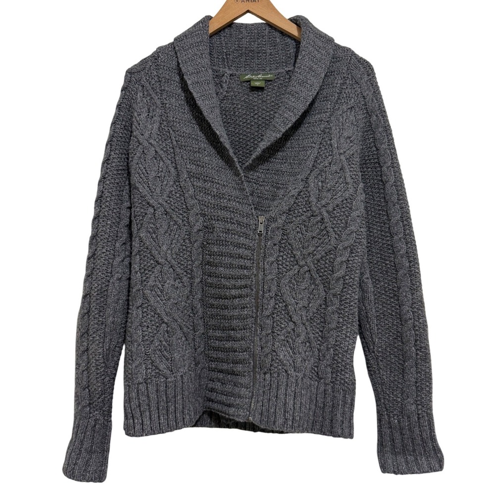 Eddie Bauer Women's Medium Wool Blend Asymmetrical Zip Cable Knit‎ Sweater